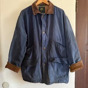 90s Vintage Club Room Navy Blue Barn Jacket With Leather Collar Chore Coat Large